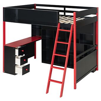 Trikiousd Wood Full Size Esports Gaming Loft Bed w/ Desk, Light, Drawer & Full Wall Storage Shelf