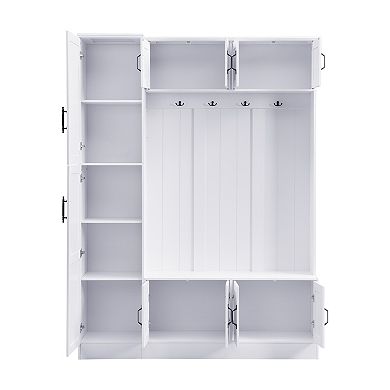 Trikiousd Modern Hall Tree 4-in-1 Entryway Bench w/ Cabinets, 4 Coat Hooks & Adjustable Shelf