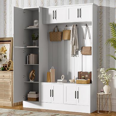 Trikiousd Modern Hall Tree 4-in-1 Entryway Bench w/ Cabinets, 4 Coat Hooks & Adjustable Shelf