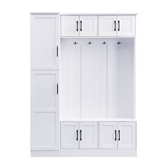 Trikiousd Modern Hall Tree 4-in-1 Entryway Bench w/ Cabinets, 4 Coat Hooks & Adjustable Shelf