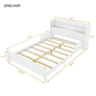 Trikiousd Wood Full Low Profile Bed Kids Platform Bed Montessori Bed w/ Removable Guardrails