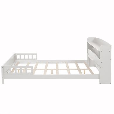 Trikiousd Wood Full Low Profile Bed Kids Platform Bed Montessori Bed w/ Removable Guardrails