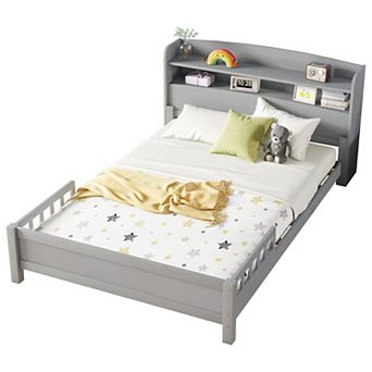 Trikiousd Wood Full Low Profile Bed Kids Platform Bed Montessori Bed w/ Removable Guardrails