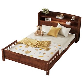Trikiousd Wood Full Low Profile Bed Kids Platform Bed Montessori Bed w/ Removable Guardrails