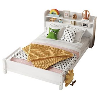 Trikiousd Wood Full Low Profile Bed Kids Platform Bed Montessori Bed w/ Removable Guardrails