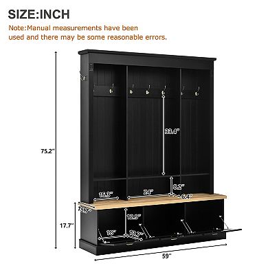 Trikiousd LED Entryway Hall Tree Storage Organizer with 9 Hooks, 3 Flip-Down Cabinets & Bench
