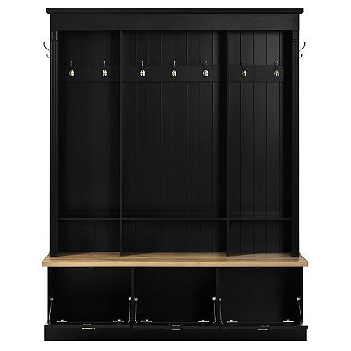 Trikiousd LED Entryway Hall Tree Storage Organizer with 9 Hooks, 3 Flip-Down Cabinets & Bench