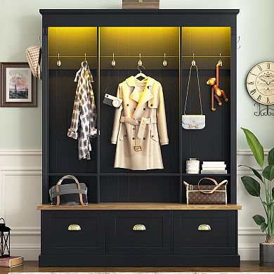 Trikiousd LED Entryway Hall Tree Storage Organizer with 9 Hooks, 3 Flip-Down Cabinets & Bench