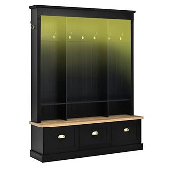 Trikiousd LED Entryway Hall Tree Storage Organizer with 9 Hooks, 3 Flip-Down Cabinets & Bench