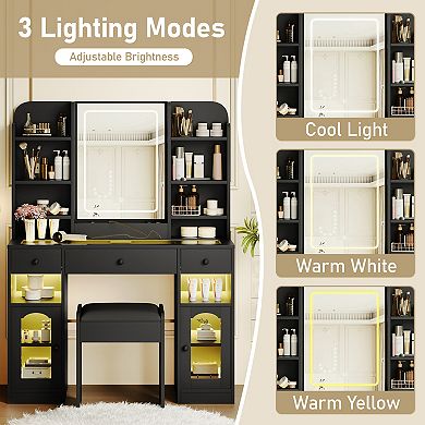 Trikiousd Glass Top Vanity and Stool Set for Bedroom, RGB LED Lights Makeup Vanity Desk with Mirror