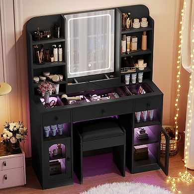Trikiousd Glass Top Vanity and Stool Set for Bedroom, RGB LED Lights Makeup Vanity Desk with Mirror