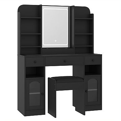 Trikiousd Glass Top Vanity and Stool Set for Bedroom, RGB LED Lights Makeup Vanity Desk with Mirror