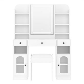 Trikiousd Glass Top Vanity and Stool Set for Bedroom, RGB LED Lights Makeup Vanity Desk with Mirror