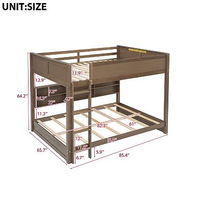 Trikiousd Wooden Queen Over Queen Bunk Bed with Side Storage Cabinets, USB Ports & Guardrails