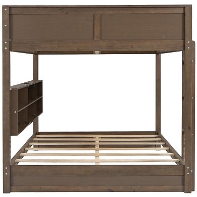 Trikiousd Wooden Queen Over Queen Bunk Bed with Side Storage Cabinets, USB Ports & Guardrails