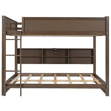 Trikiousd Wooden Queen Over Queen Bunk Bed with Side Storage Cabinets, USB Ports & Guardrails