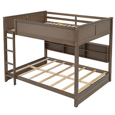 Trikiousd Wooden Queen Over Queen Bunk Bed with Side Storage Cabinets, USB Ports & Guardrails