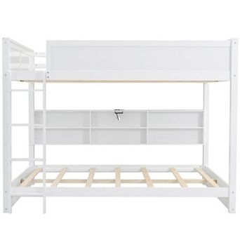 Trikiousd Wooden Queen Over Queen Bunk Bed with Side Storage Cabinets, USB Ports & Guardrails