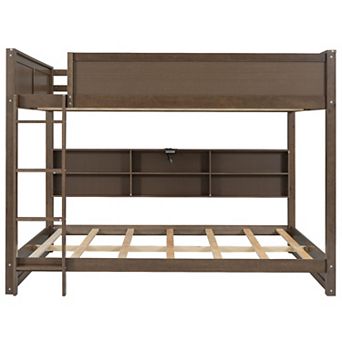 Trikiousd Wooden Queen Over Queen Bunk Bed with Side Storage Cabinets, USB Ports & Guardrails