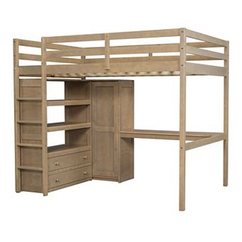 Trikiousd Wood Full Size Loft Bed with Built-in Wardrobe, Desk, Storage Shelves and Drawers