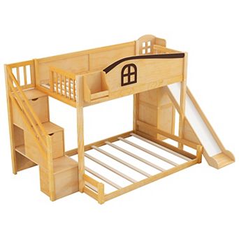 Trikiousd Wood Kids Floor Twin Over Full Bunk Beds Frame w/ Wardrobe, Slide & Storage Stairs
