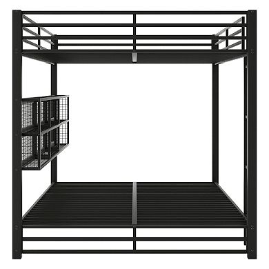 Trikiousd LED Bunk Bed Metal Bed Frame with Storage Cabinets & Guardrails for Kids/Adults