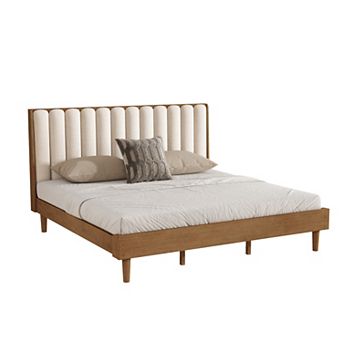 Trikiousd King Size Wood Platform Bed with Velvet Upholstered Piano Keys Headboard