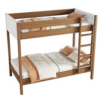 Trikiousd Rubber Wood Low Bunk Bed with Boucle Upholstered Headboard, Twin Over Twin