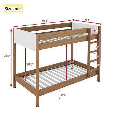 Trikiousd Rubber Wood Low Bunk Bed with Boucle Upholstered Headboard, Twin Over Twin