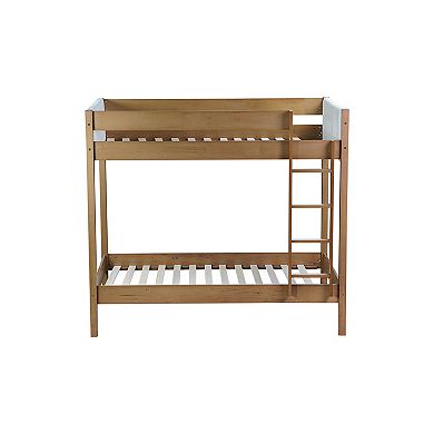 Trikiousd Rubber Wood Low Bunk Bed with Boucle Upholstered Headboard, Twin Over Twin