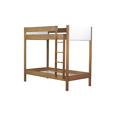 Trikiousd Rubber Wood Low Bunk Bed with Boucle Upholstered Headboard, Twin Over Twin