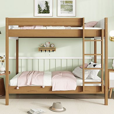 Trikiousd Rubber Wood Low Bunk Bed with Boucle Upholstered Headboard, Twin Over Twin