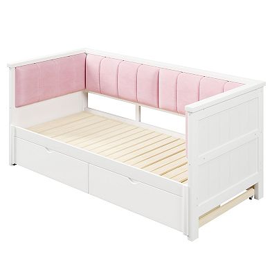 Trikiousd Wooden Twin XL to King Size Daybed with Upholstered Backrest & 2 Storage Drawers
