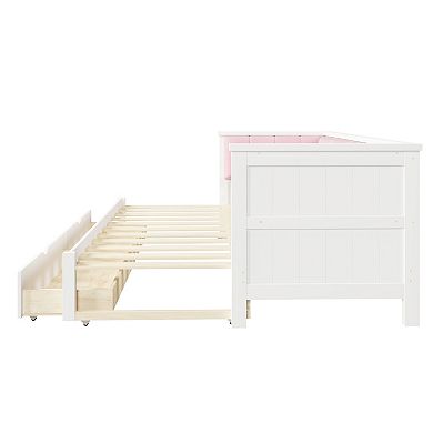 Trikiousd Wooden Twin XL to King Size Daybed with Upholstered Backrest & 2 Storage Drawers