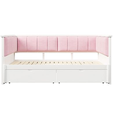Trikiousd Wooden Twin XL to King Size Daybed with Upholstered Backrest & 2 Storage Drawers