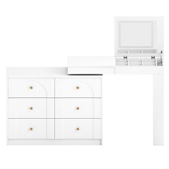 Trikiousd Makeup Vanity with LED Mirror, L-shaped Dressing Table 6 Drawers Dresser Writing Work Desk