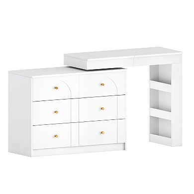 Trikiousd Makeup Vanity with LED Mirror, L-shaped Dressing Table 6 Drawers Dresser Writing Work Desk