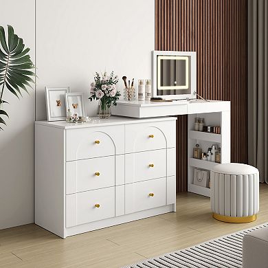 Trikiousd Makeup Vanity with LED Mirror, L-shaped Dressing Table 6 Drawers Dresser Writing Work Desk