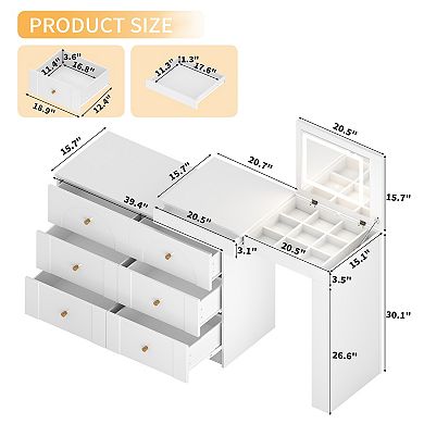 Trikiousd Makeup Vanity with LED Mirror, L-shaped Dressing Table 6 Drawers Dresser Writing Work Desk