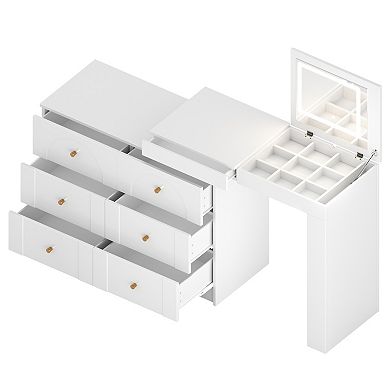 Trikiousd Makeup Vanity with LED Mirror, L-shaped Dressing Table 6 Drawers Dresser Writing Work Desk