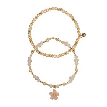 LC Lauren Conrad Gold Tone 2 pc Beaded Stretch Bracelet Set With Flower Charm