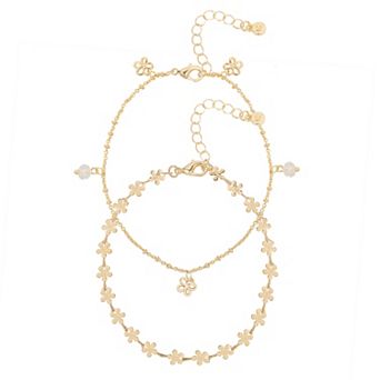 LC Lauren Conrad 2 pc Gold Tone Flower & Shaky Bead Chain Anklet Set