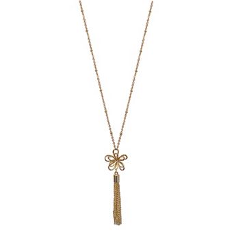 LC Lauren Conrad Gold Tone Artisan Wire Flower & Tassel Long Pendant Necklace