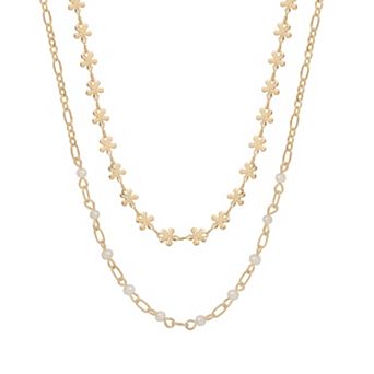 LC Lauren Conrad Gold Tone Multi Row Flower & Simulated Pearl Chain Layered Necklace