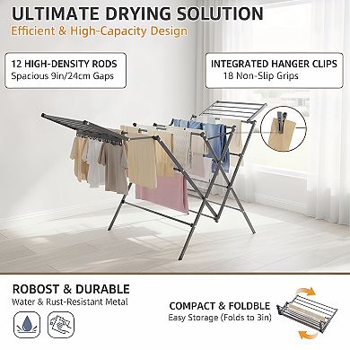 Large Clothes Drying Rack with 12 Poles and Sock Clips