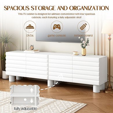 Trikiousd Wavy Door TV Stand with 4 Cabinets and Adjustable Shelves for TVs Up to 75"