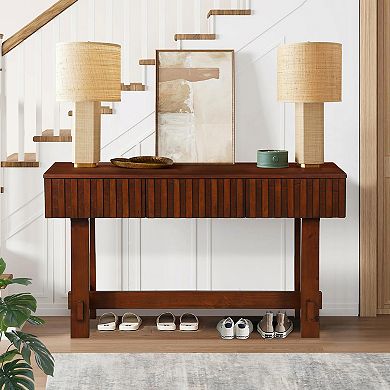Trikiousd 52" Mid-Century Farmhouse Console Table Fluted Sofa Table Entryway Table with 3 Drawers