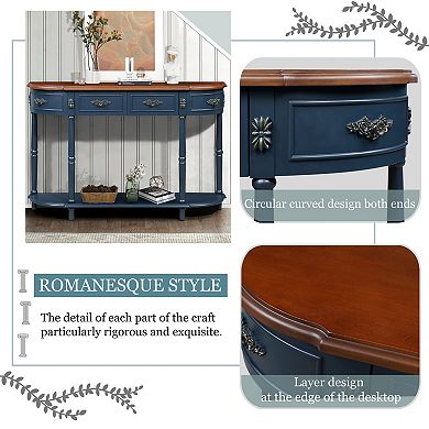 Trikiousd Retro Curved Console Table 52" Circular Half Moon Sofa Table with 2 Drawers & Shelf