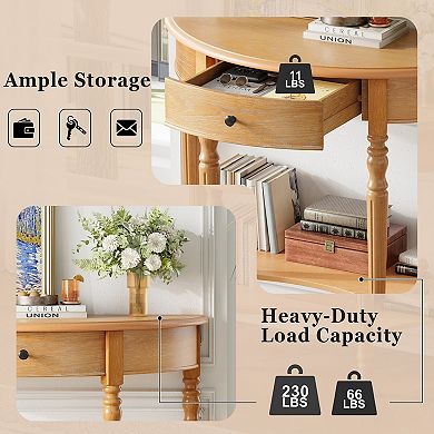 Trikiousd Farmhouse Half Moon Console Table Accent Table Sofa Table with Drawer & Shelf