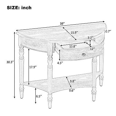 Trikiousd Farmhouse Half Moon Console Table Accent Table Sofa Table with Drawer & Shelf